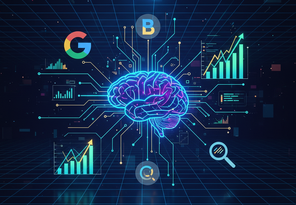 A futuristic representation of AI and SEO integration, showing a digital brain connected to search engine icons and data analytics visuals.1``