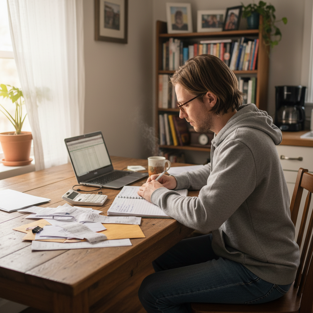A low-income individual auditing his expenses and trying to figure out how to save on low income.