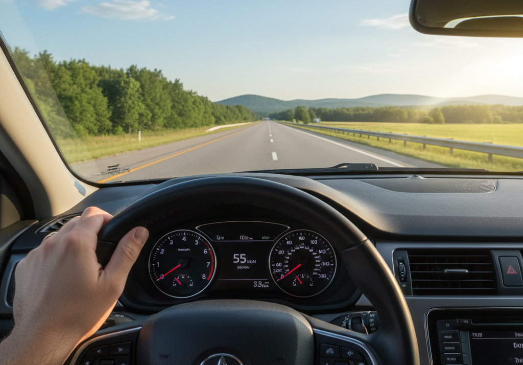 A picture from inside of a car, the driver is taking the picture and the meter shows 55mph