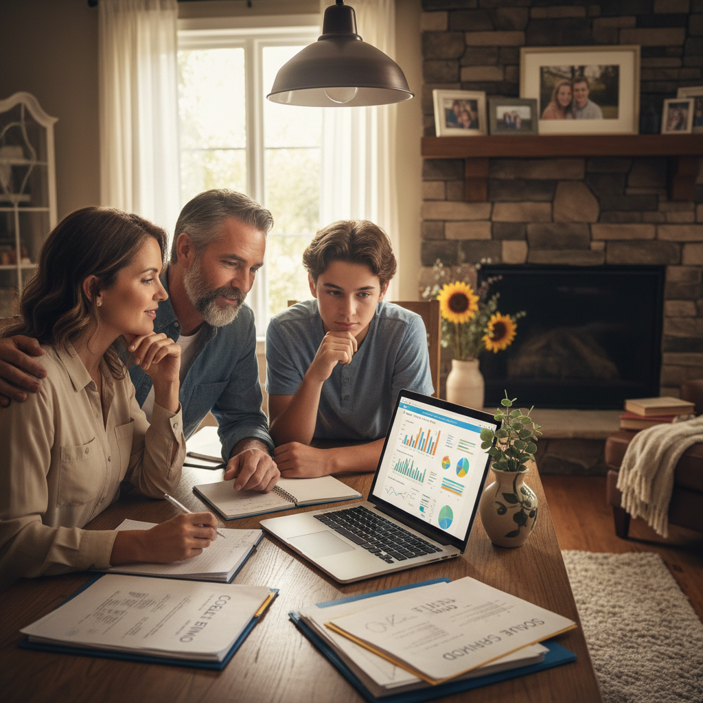 A family looking at their saving plant on their laptop.
