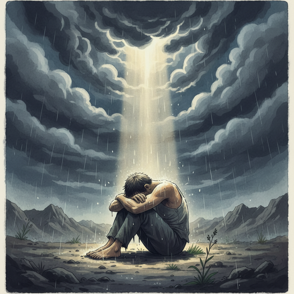 a guy sitting under the sun covered with the clouds, the guy is hurt and in pain.