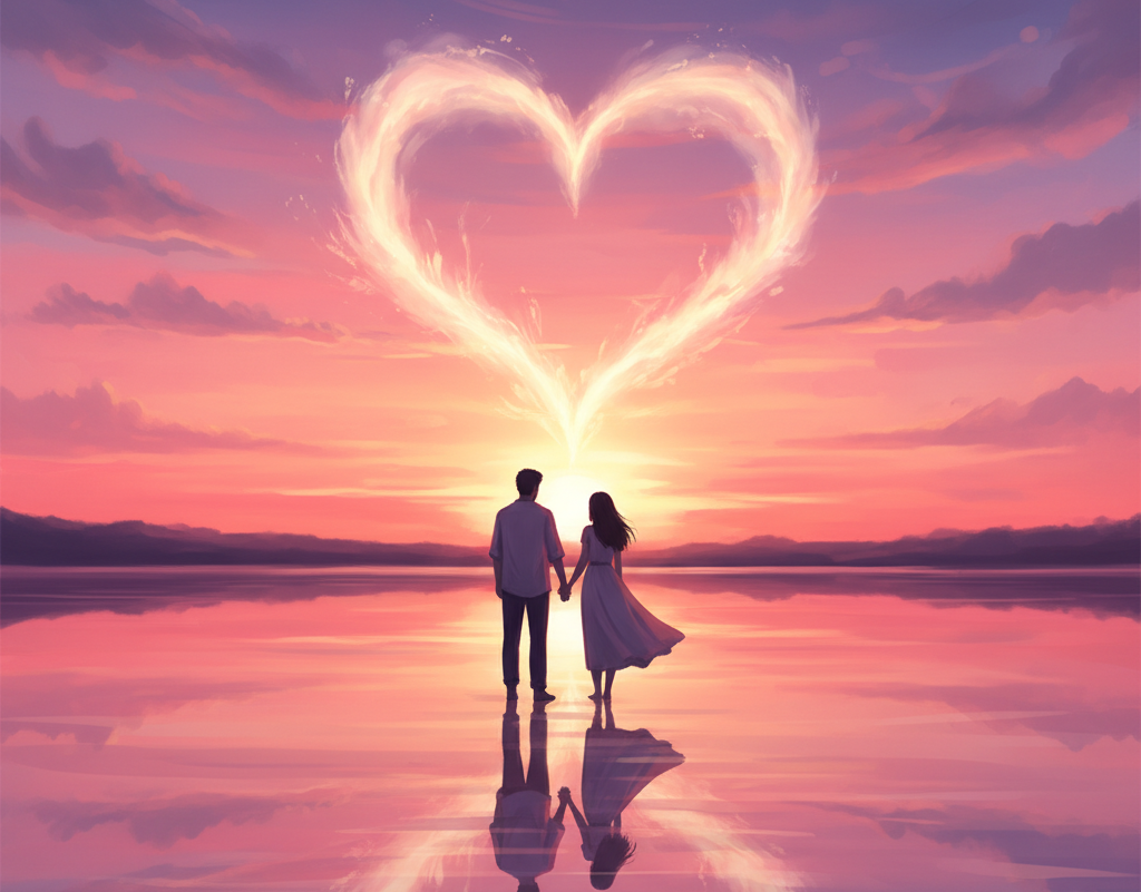 A couple holding hands on the beach with heart shape cloud in the sky.