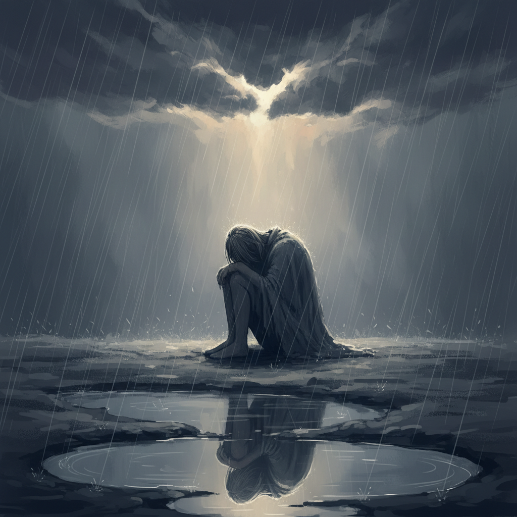 A guy sad sitting under cloud with dim light on him