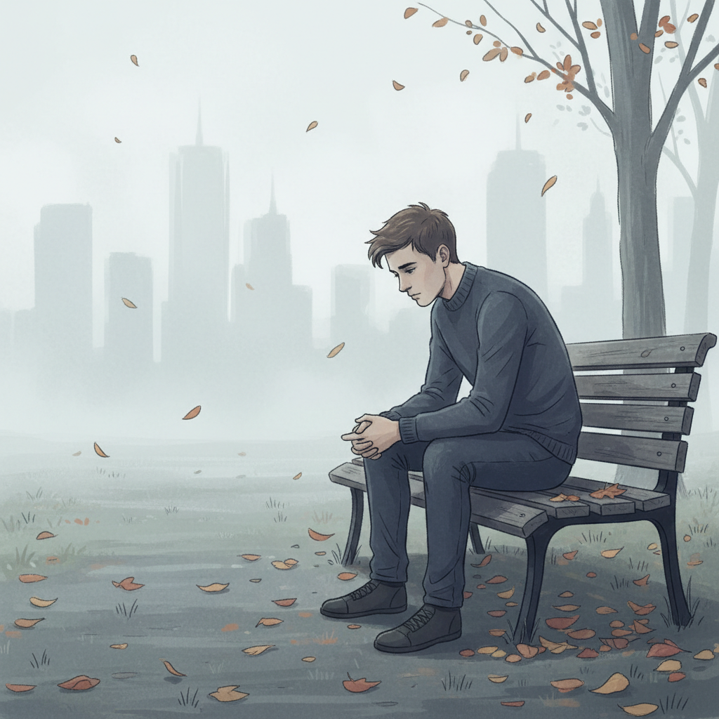 a guy sitting on a bench sad and beside him is a tree and leaves are falling giving a sad tone to the image.