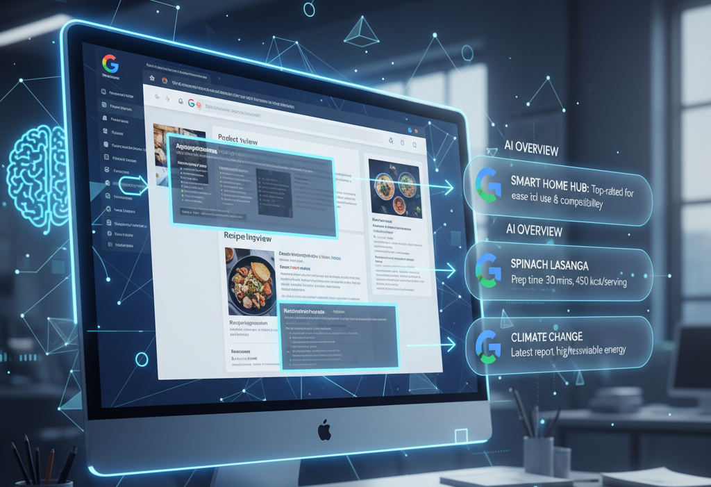 A depiction of optimizing content for Google AI overviews, showing a webpage with highlighted structured data and AI-generated summaries.