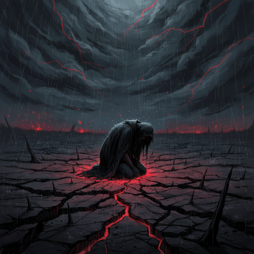 A man sitting in barren land suffering from pain.