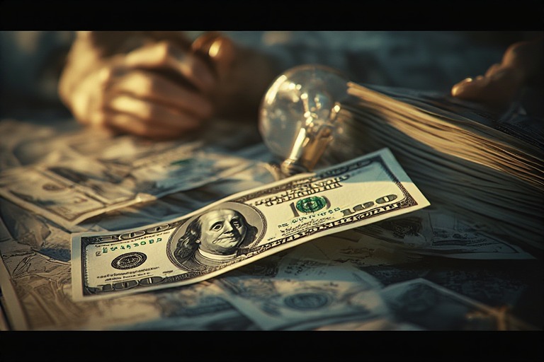 Dollar bills placed on the table with bulb and some documents