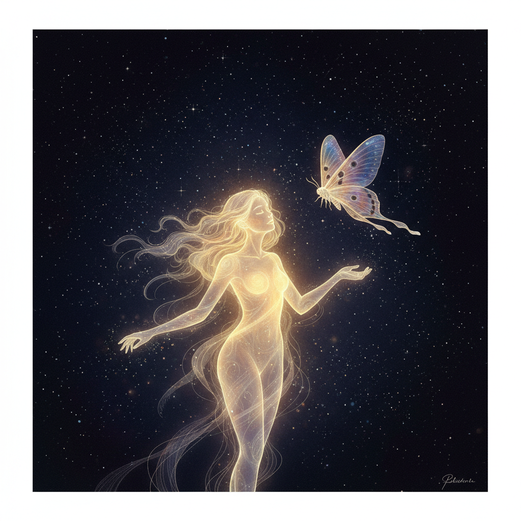 a girl shown as flame and a moth flying towards it.