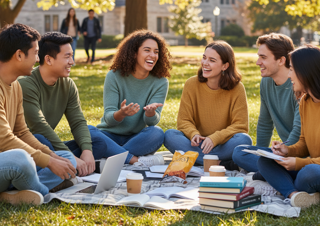 A concept of social connection, showing students sitting together in a casual setting, laughing and supporting each other, with a warm and friendly vibe.
