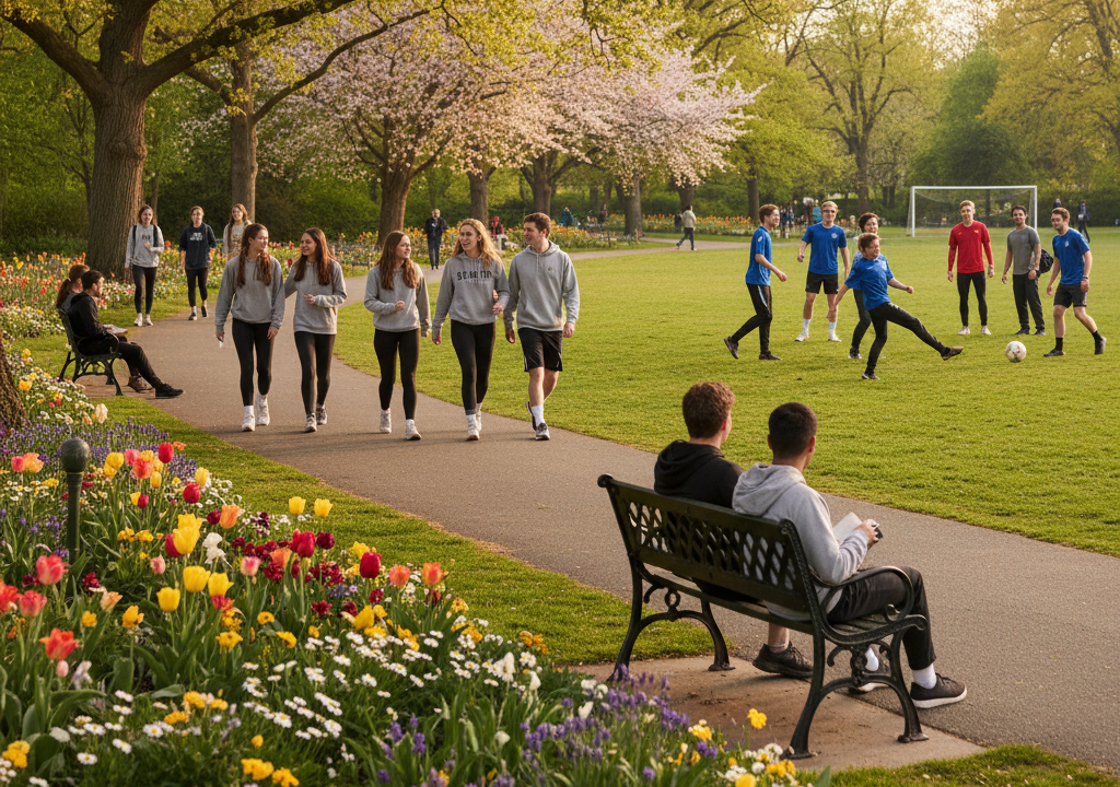  depiction of students engaging in physical activity, such as walking in a park or playing a casual game of soccer, with a cheerful and energetic atmosphere.