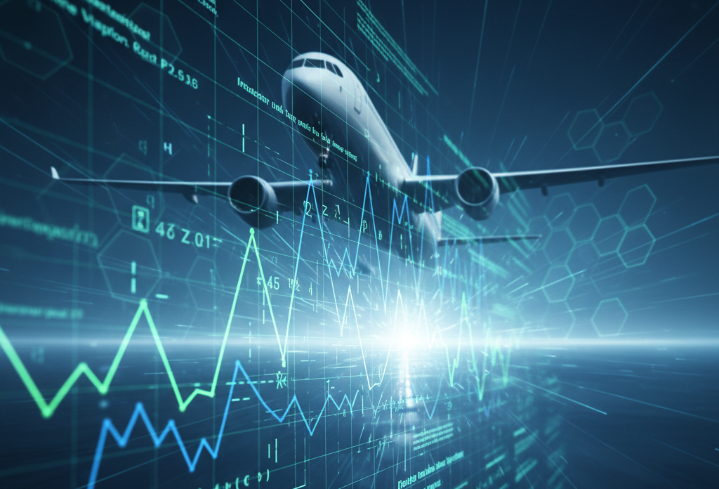 An airplane flying with some teachnical overlay on the image.  