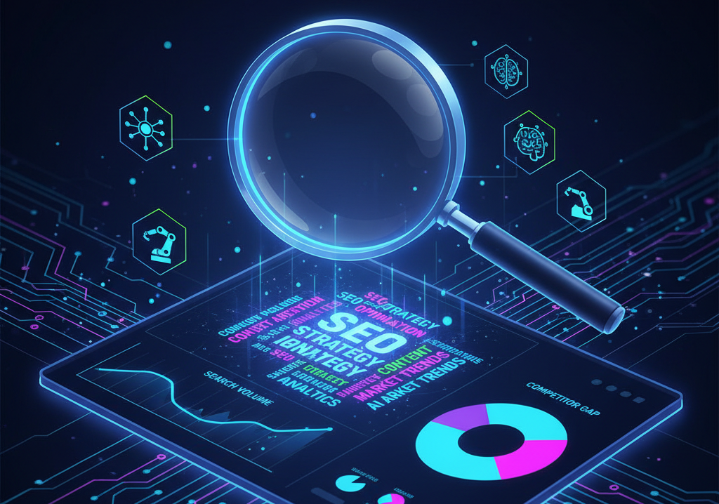 A visual representation of keyword research with AI tools, featuring a magnifying glass over a digital dashboard with keywords, graphs, and AI icons.