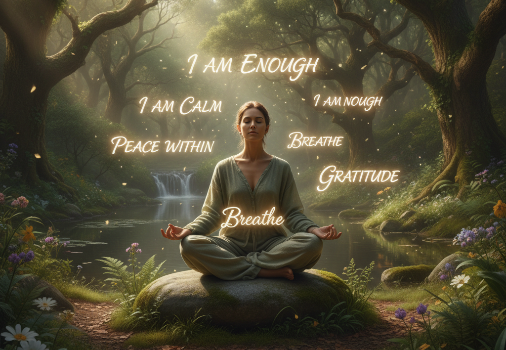 A girl doing yoga in the forest in peace affirming herself telling herself that she is enough, capable and strong.