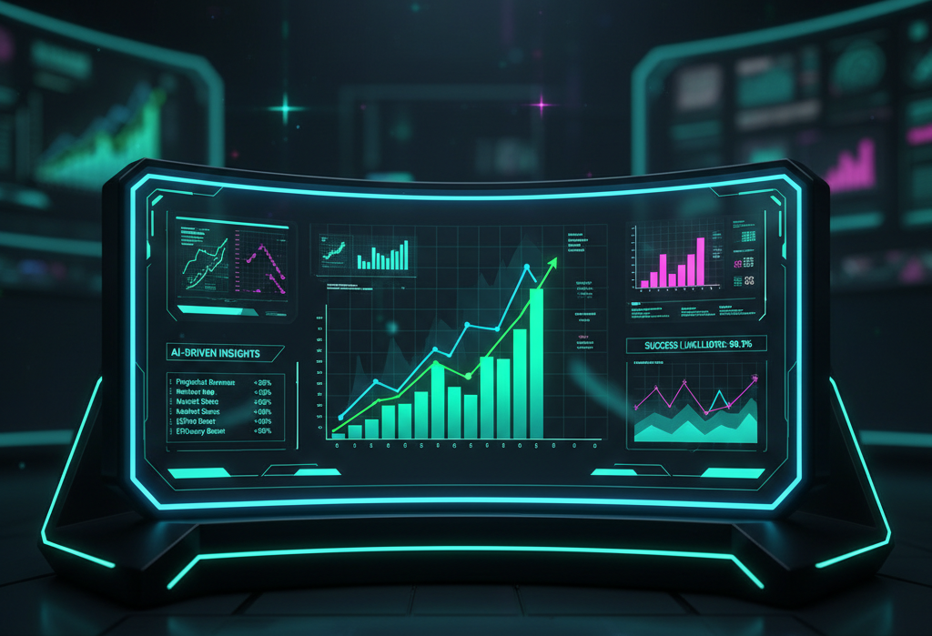 A graph or chart showing predictive analytics in action, with upward trends and AI-driven insights displayed on a futuristic dashboard.