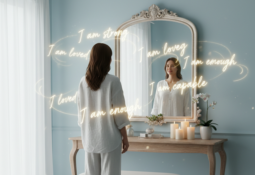 A girl looking at herself in the mirror and affirming herself telling herself that she is enough, capable and strong.