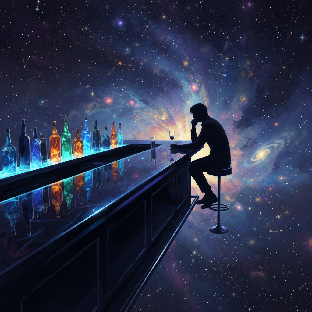 A person sitting at a bar table lost in thoughts and it is shown in the background yearning for some wine.