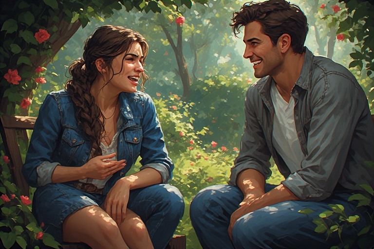 A girl telling her days routine to her bf sitting in the garden.