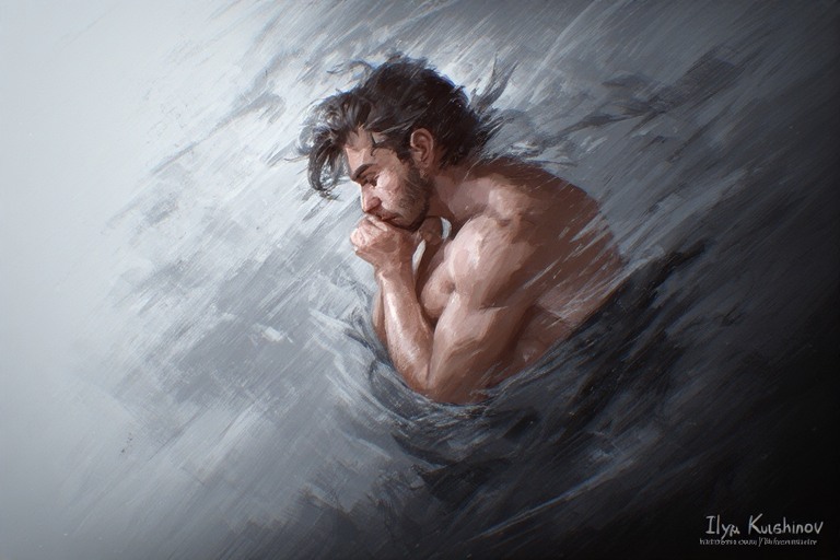 A person who has no control over his life and lost in thought on which he doesn't have a control A person who is wearing nothing floating in clouds.