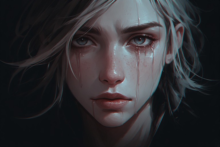 An image of a woman crying but doesn't show emotions and showing anger trying to cover her sadness.