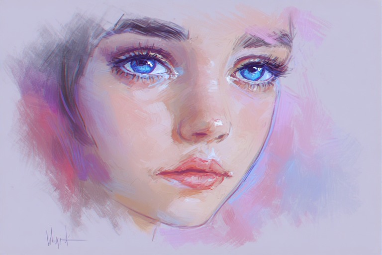 A face of girl with blue eyes and she is looking out there.