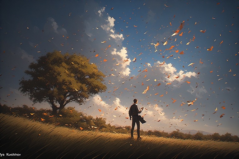 A guy standing in the open grassland with leaves falling and he is looking at the sky.