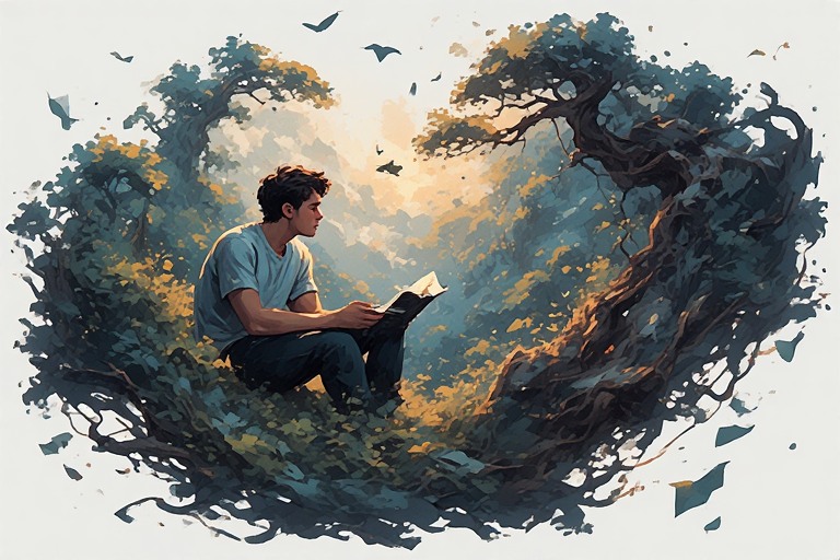 A guy sitting in a magical garden wondering about the reality of the world.