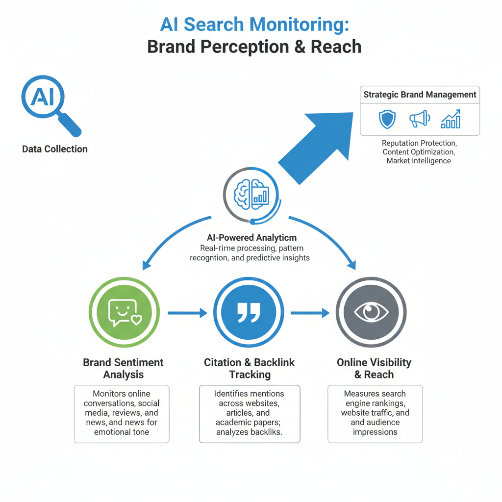 An infographic explaining how AI search monitoring platforms track brand sentiment, citations, and visibility, with icons and flowcharts.