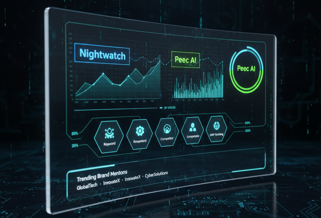 A futuristic digital interface showcasing AI search monitoring tools like Nightwatch and Peec AI, with graphs and brand mentions displayed in a sleek, modern design.