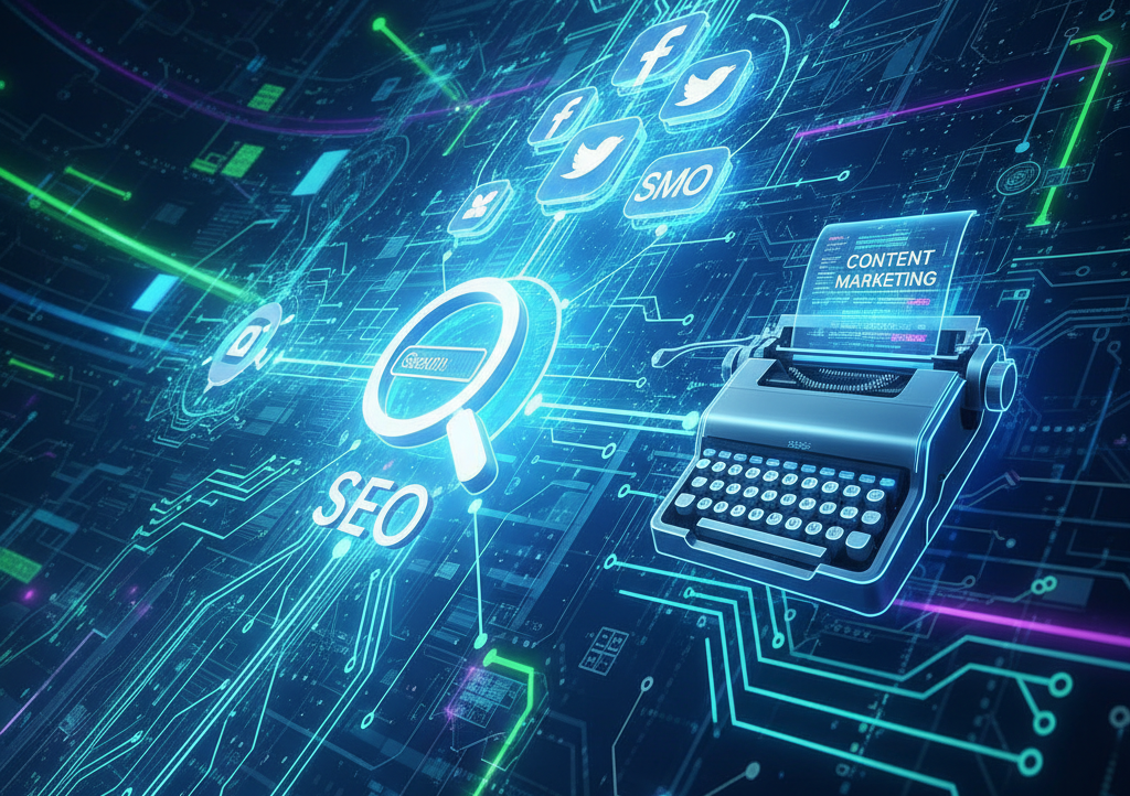 A visual representation of digital marketing strategies, including SEO, SMO, and content marketing.