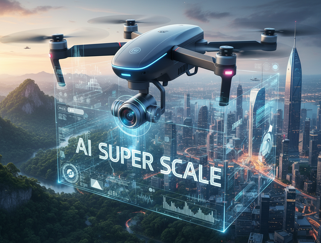A creative image showing a drone capturing footage, symbolizing the integration of drone footage with AI Super Scale in video editing.