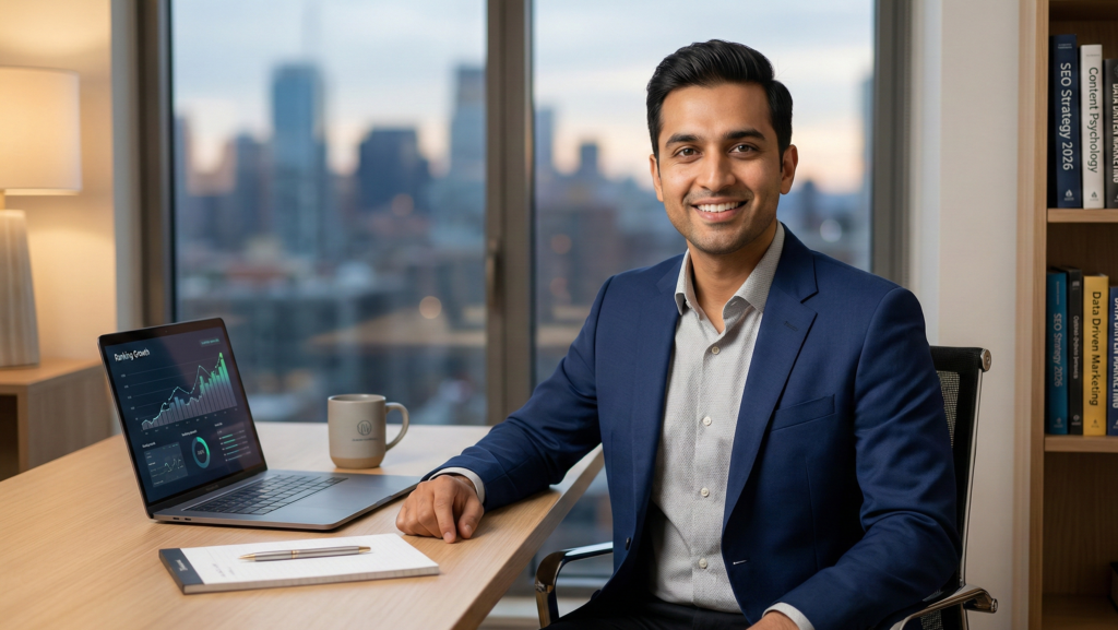 A high-end professional headshot set in a modern US office overlooking a city skyline, presenting Wajahat Amin as a trustworthy, senior-level consultant.