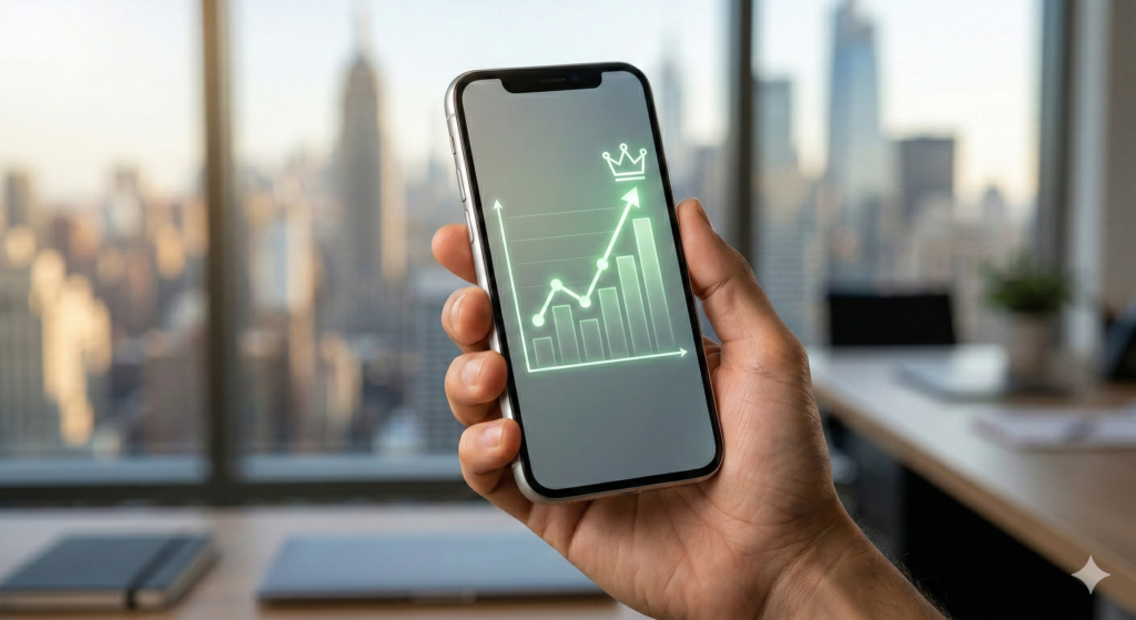 A detailed, close-up shot of a smartphone displaying a clean, rising growth graph ending with a crown icon, visually representing the high ROI and market dominance your clients seek.