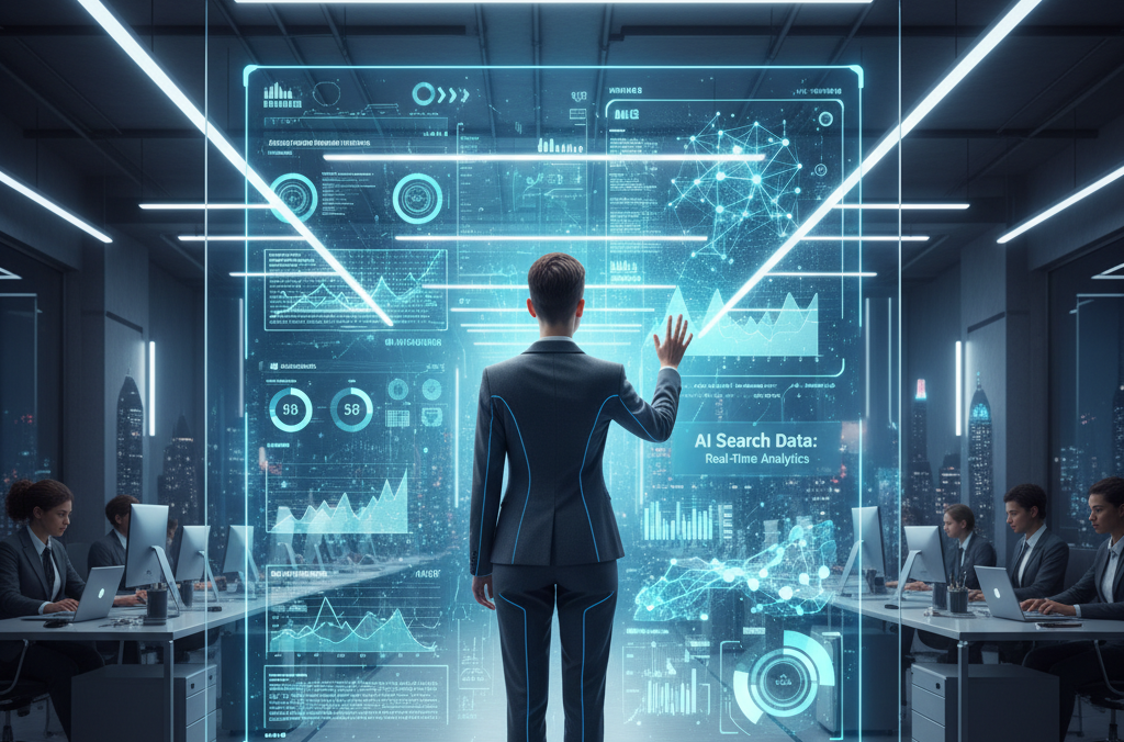 A futuristic depiction of a marketer analyzing AI search data on a large screen, with graphs, charts, and AI-generated insights displayed.