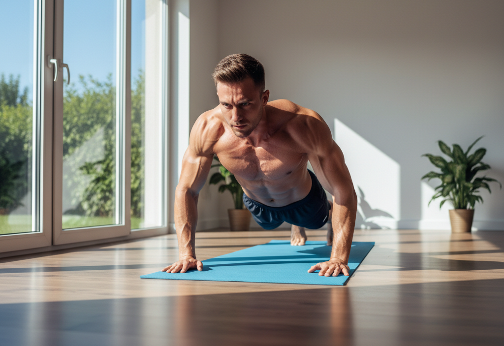 A person performing a push-up on a yoga mat, showcasing proper form with a straight back and engaged core.