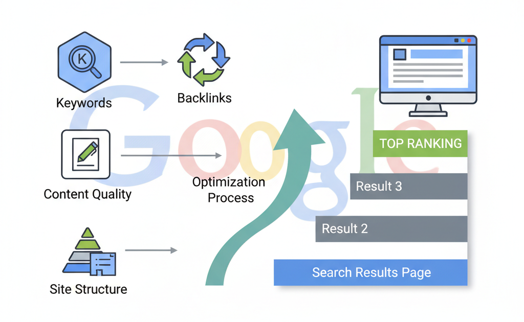 A diagram showing how SEO improves website rankings on search engines like Google.