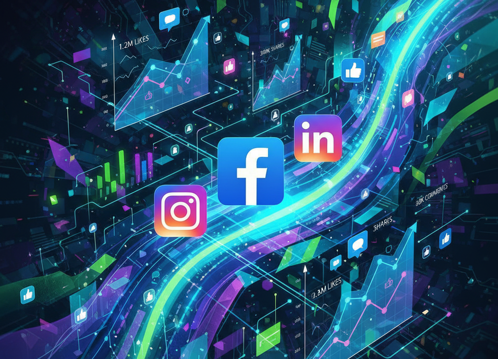A creative illustration of social media platforms like Facebook, Instagram, and LinkedIn with engagement metrics.