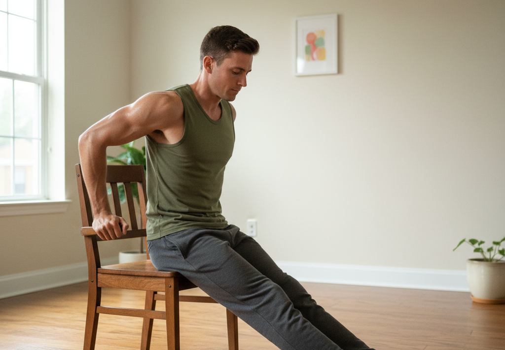 A person performing tricep dips using a sturdy chair, with elbows bent at a 90-degree angle and legs extended forward.