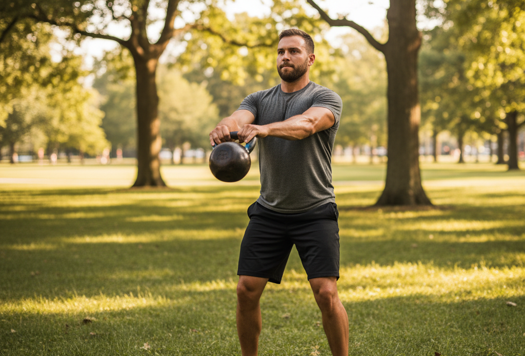 A person performing a two-handed kettlebell swing in a park, with the kettlebell mid-swing at chest height.