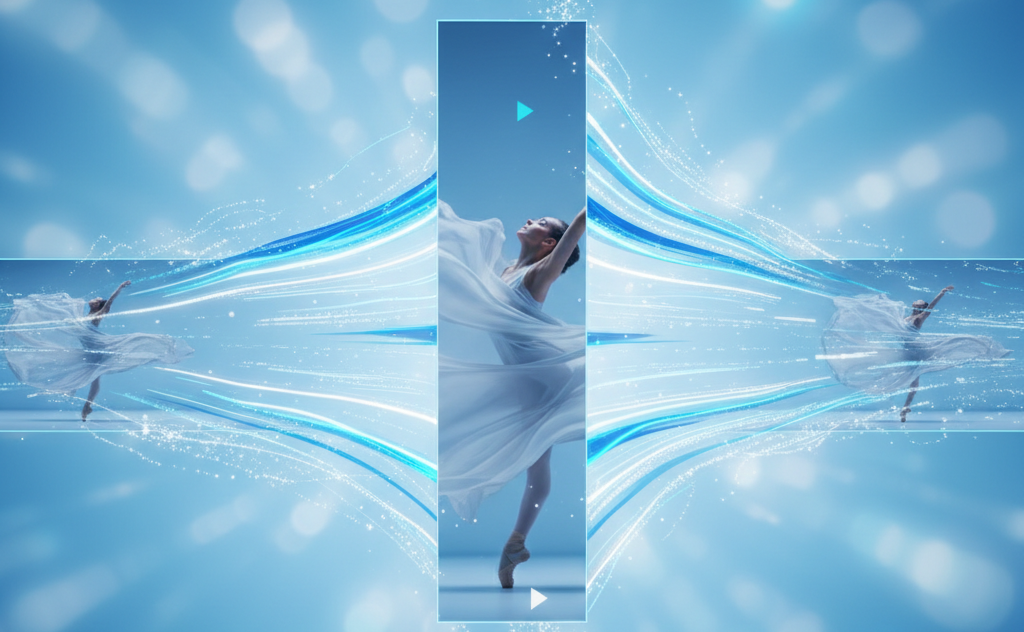 A visually appealing image of a vertical video being upscaled and integrated into a horizontal timeline, with a blurred background effect.