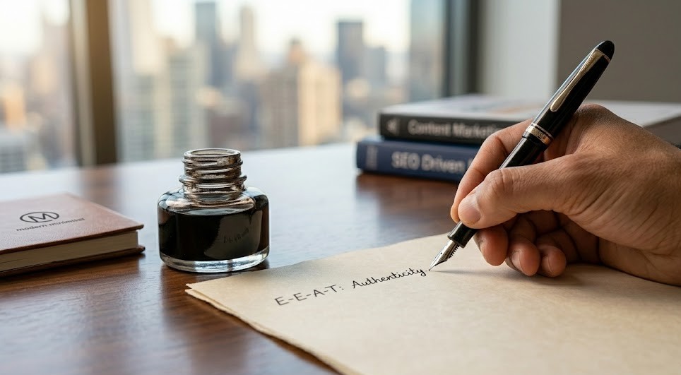 An intimate macro shot of an expert writing by hand with a fountain pen, capturing the phrase "E-E-A-T: Authenticity...", which visually reinforces your unique value proposition as a professional writer specializing in authority-driven SEO content.