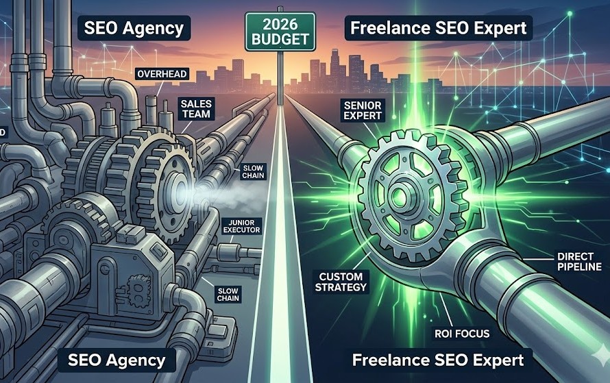 A conceptual digital art piece illustrating the choice for a 2026 marketing budget, showing complex, blocky agency machinery on the left compared to a precise, shining freelancer gear on the right.