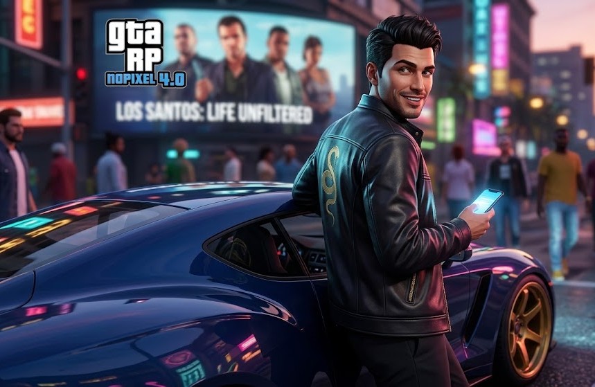 A male Grand Theft Auto roleplay character, with "NoPixel 4.0" and "Los Santos: Life Unfiltered" text visible on a background billboard, poses with a blue sports car.