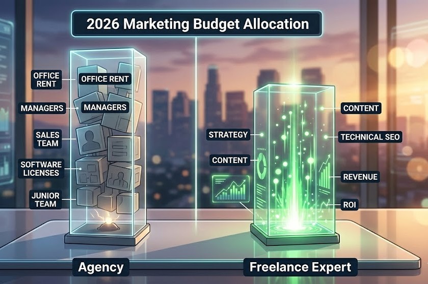 A 2026 Marketing Budget infographic visualization showing a comparison between agency overhead vs freelance expert results. The left pillar is tall, blocky, and clogged, while the right freelancer pillar is clear and filled with direct, upward-streaming green energy particles.