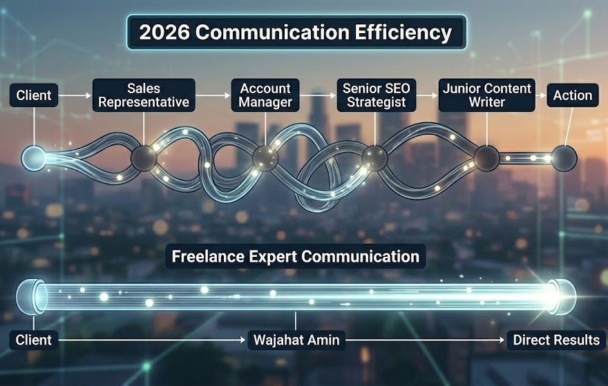 A conceptual digital art piece comparing 2026 communication efficiency, with a tangled agency chain of dim nodes contrasting against a single, direct, powerful freelancer pipeline labeled 'Wajahat Amin'.
