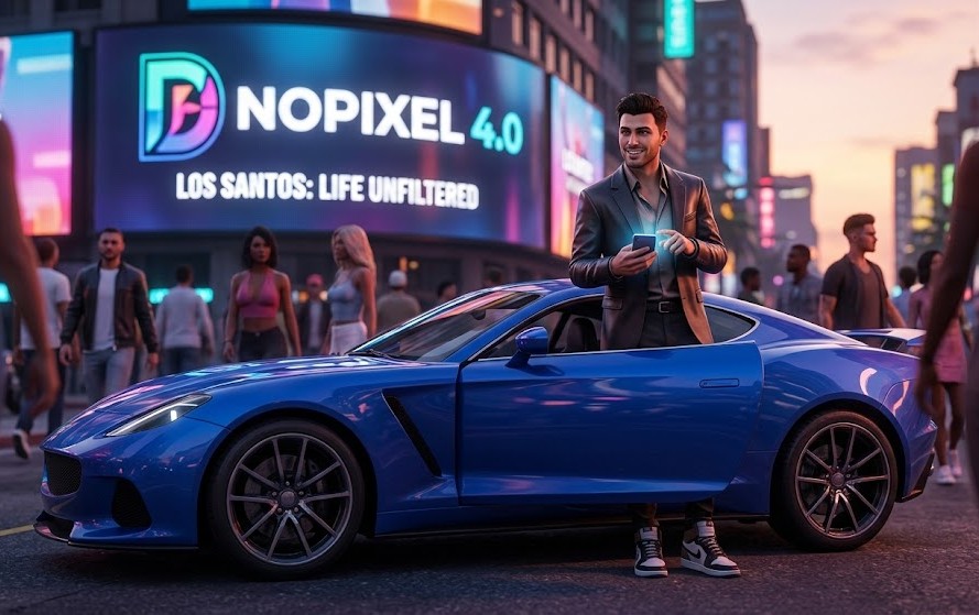 This image serves as the aspirational goal. It displays a highly customized, attractive male GTA RP character, 'Vinnie Santoro,' leaning confidently against a luxury sports car at dusk in a vibrant Los Santos. This visual immediately tells the applicant: This could be you.