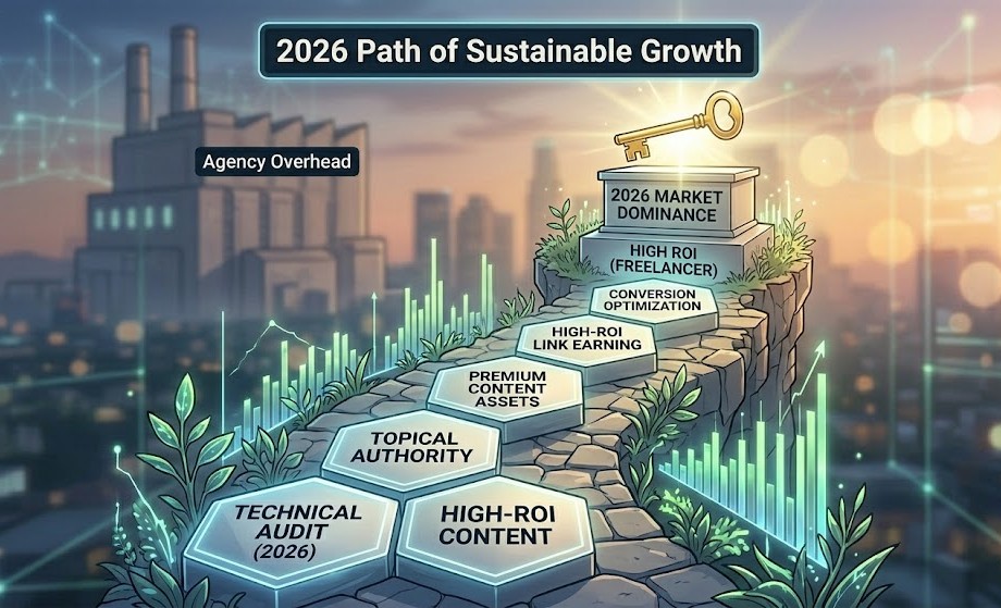 A triumphant metaphorical digital landscape illustration showing a winding path paved with glowing hexagonal stones labeled 'TECHNICAL AUDIT', 'TOPICAL AUTHORITY', 'CONTENT ASSETS', 'LINK EARNING'. A golden key labeled '2026 MARKET DOMINANCE' and 'HIGH ROI (FREELANCER)' rests on a pedestal, with a generic agency factory blurry in the background.