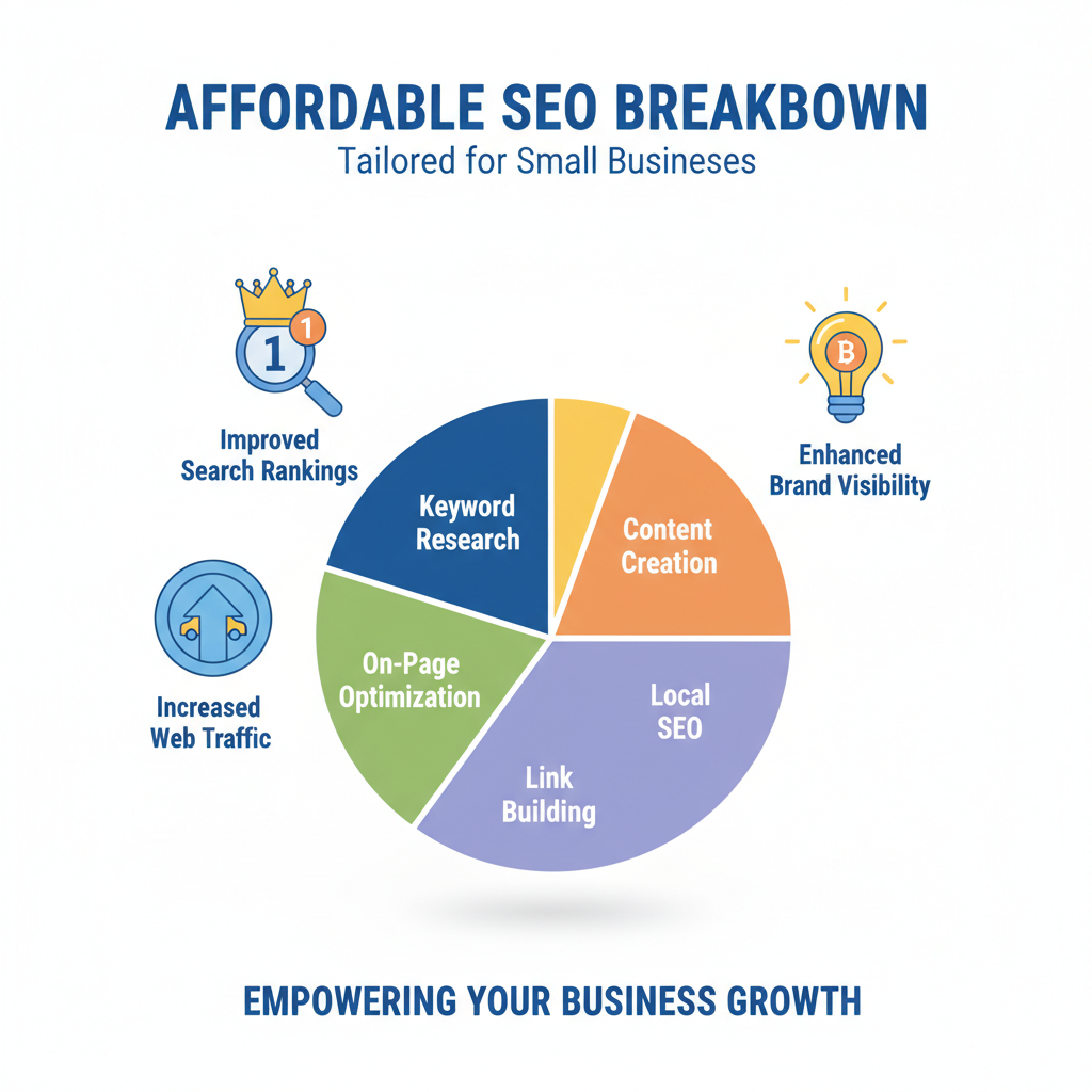 A pie chart breaking down costs and benefits of affordable SEO services, tailored for small businesses.
