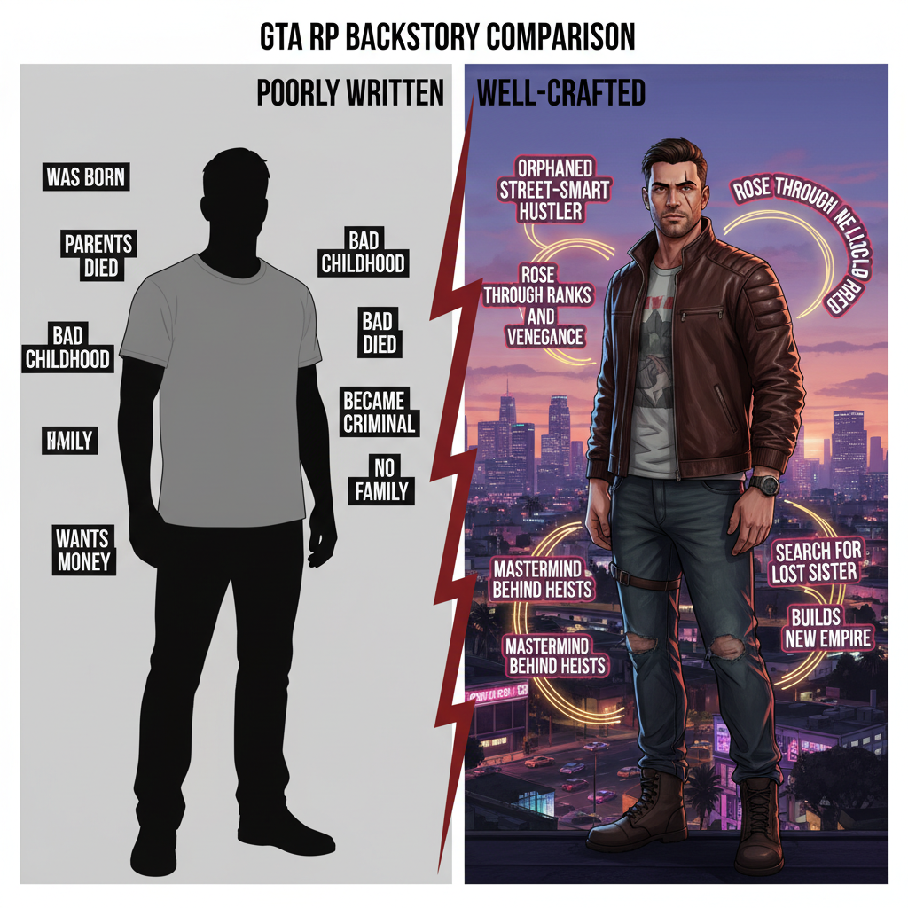 : A detailed illustration of a character backstory comparison for GTA RP applications. On the left, a poorly written backstory with generic text and a flat character. On the right, a well-crafted backstory with a realistic character and engaging details. The image uses a split-screen format with contrasting colors to highlight the difference.
