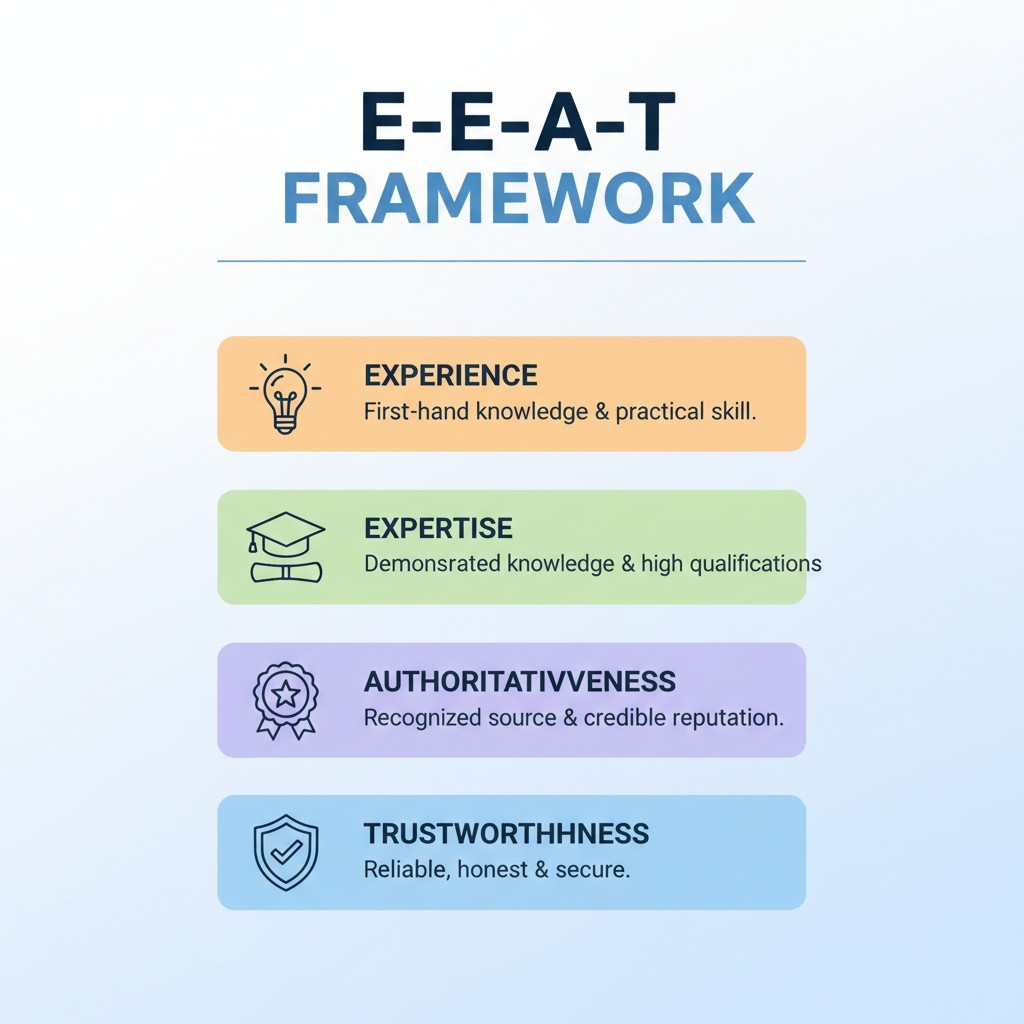 A visual infographic of the E-E-A-T (Experience, Expertise, Authoritativeness, Trustworthiness) framework, with each element represented by an icon and brief description.