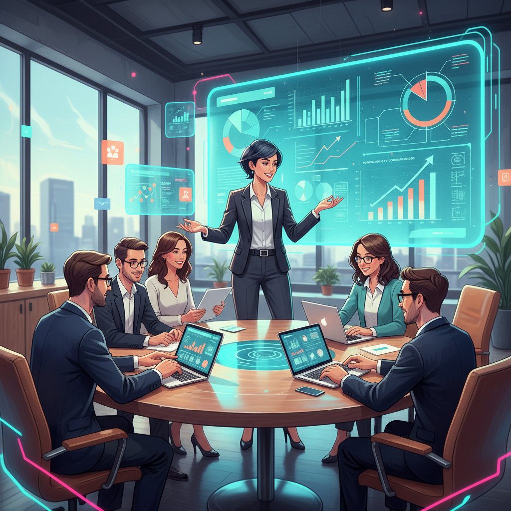 An illustration of a fractional CMO working with a business team.